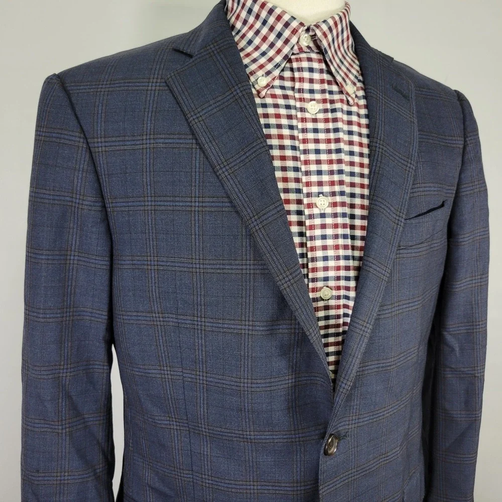 Hart Schaffner‎ Marx Men's Sport Coat Blazer Two Button Blue Plaid Wool 42R